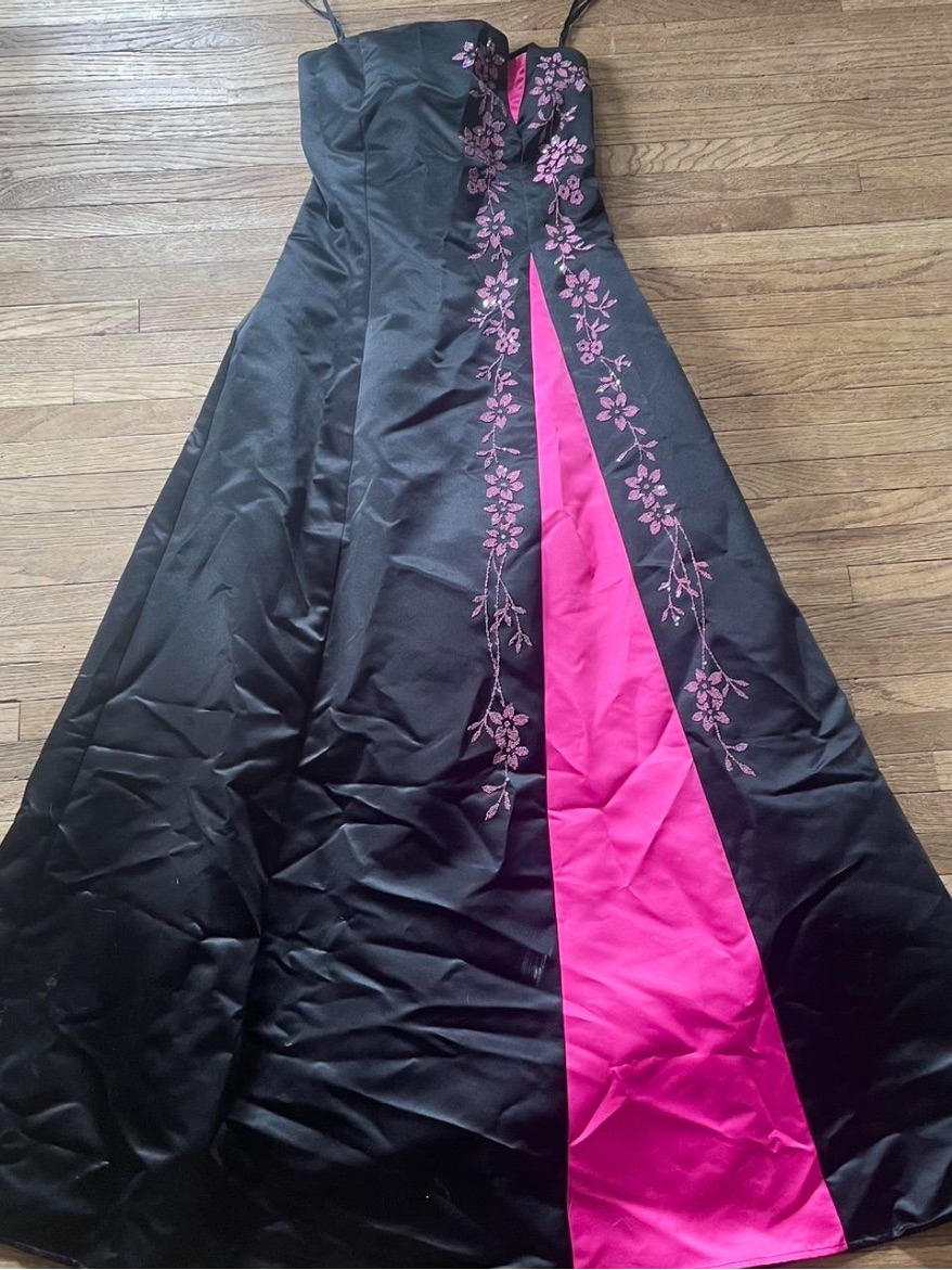 Black Evening Gown With Hot Pink Panel And Floral Embroidery